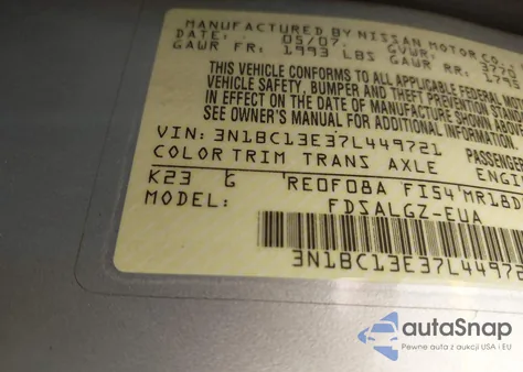 2007 Nissan Versa 1.8Sl from USA, damaged, VIN 3N1BC13E37L449721